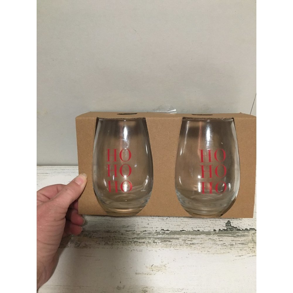 Set of two 5” clear glass HO HO HO holiday wine glasses NWT